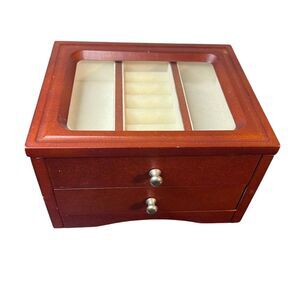 Wood Jewelry Box With 1 Drawer Glass Lid Ring Storage Lined Velvet